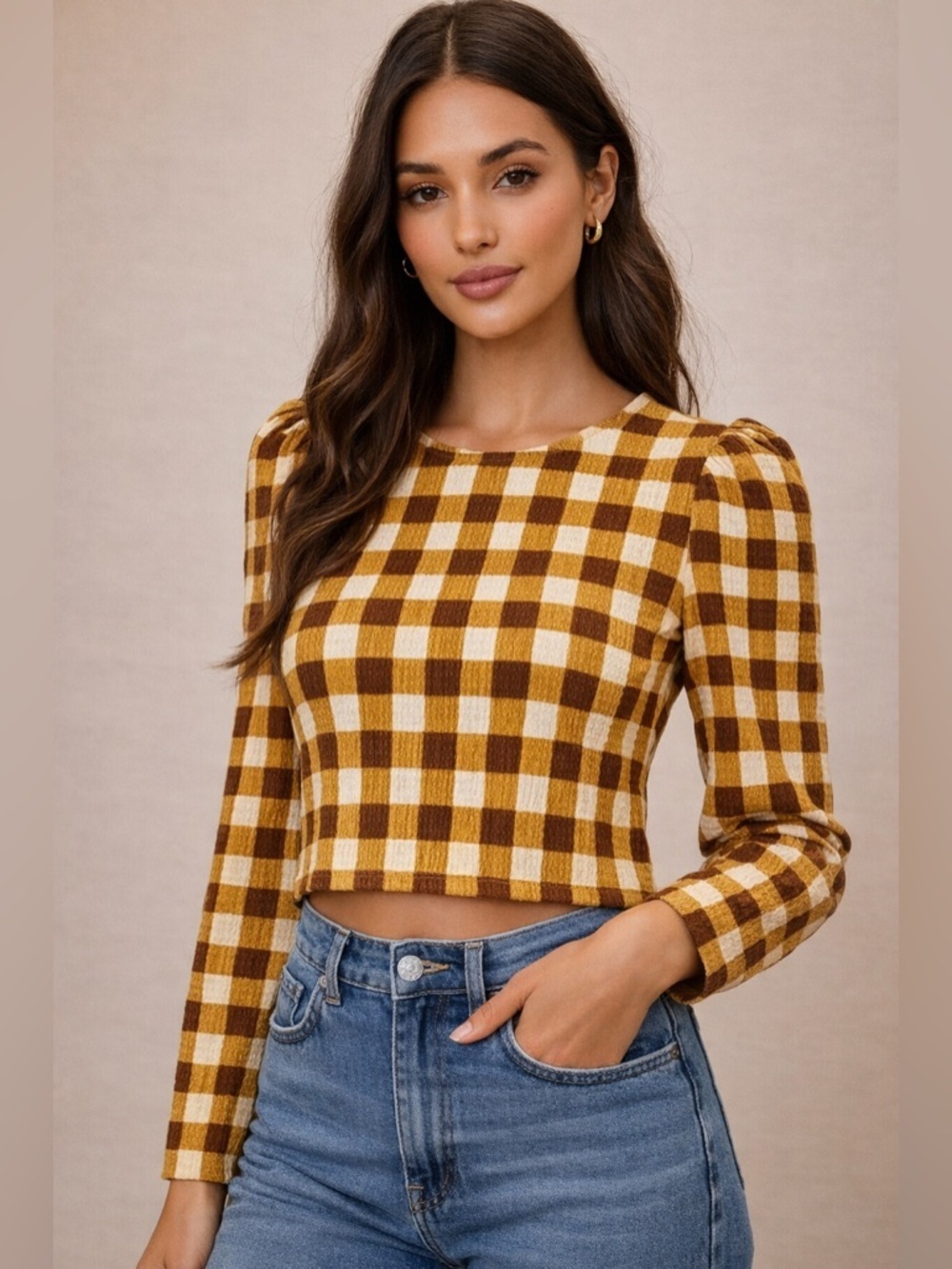 Gingham Puff Sleeve Cropped Top Mustard Brown Cottagecore Retro L